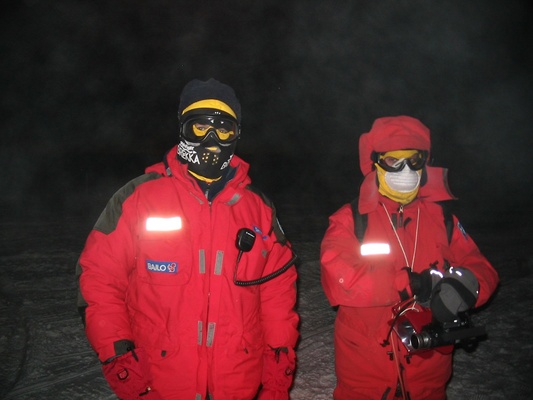 [20050328_32_NightEquipment.jpg]
Roberto and Emanuel in winter night wear, going to do one of Emanuele's remote snow samplings. Among the obligatory equipment: radio with spare battery, modified torch with the battery kept warm in the pack, breathing mask, transparent ski mask with a spare for when it's too iced up and all the usual thick winter clothing.