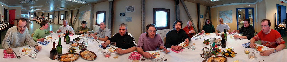 [PanoTable_.jpg]
The 13 members of the winterover team around the traditional common table for the sunday lunch. The tables and chairs where we eat during the rest of the week are in the back; yeah that's too much room for only 13 people, but there's plenty more people in summer. Like my mother said: 