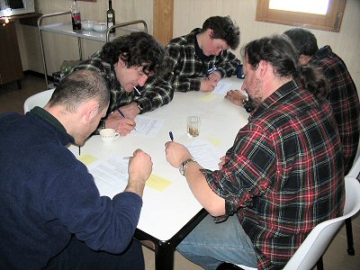 [PsychologySessionTable.jpg]
Emanuele, Jeff, Claire, Michel and Christophe filling various psychology tests, pushed down by cognac and coffee.