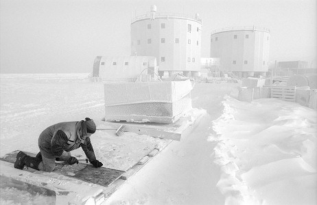 [JeanFixingSled-BW.jpg]
Jean working on fixing a sled in light spring fog.