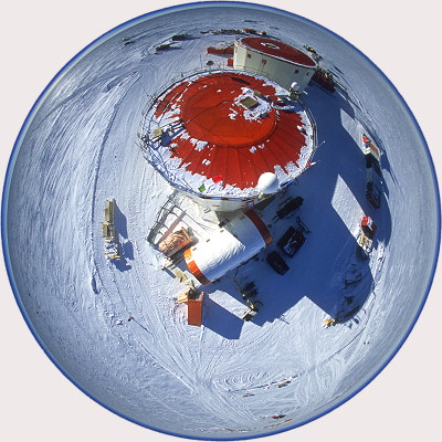 [DomeC-Aerial4FH.jpg]
Aerial view of Concordia. I attached the camera, pointing vertically down, to two tethered helium balloons normally used to launch radiosondes into the higher atmosphere. I let the balloon carry the camera to about 50~80 meters, using the timer delay to trigger. In this case I used the fisheye lens not for the 'round effect', but for the fact that previous trials had shown it was very hard to control the direction and the framing of the shot. In this case, if it points more or less down I'm sure the building will be in the shot.