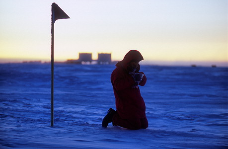 [EmanueleCollectingSamples2.jpg]
Emanuele on his knees away from the station, collecting a snow sample. Snow samples are collected twice daily, at two different location, 1.5km and 0.5km away from the station, with the glacio shelter partway between them.