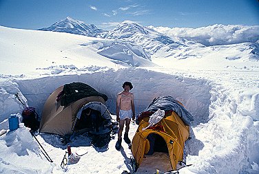 [Camp2.jpg]
Camp 2 below Windy Corner. All the rays of the sun get concentrated there by the snow walls above.