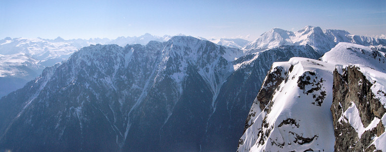 [20070328-Infernet-Pano_.jpg]
A view on the Grand Galbert, part of the Taillefer range. The obvious couloir slanting left of the summit is one of the most sought-after extreme skiing in the area: 1700m above 50°, including a 15m section at 70° which has never been skied. Because of its low altitude, conditions are rarely met for a good and safe descent. I've done one attempt so far.