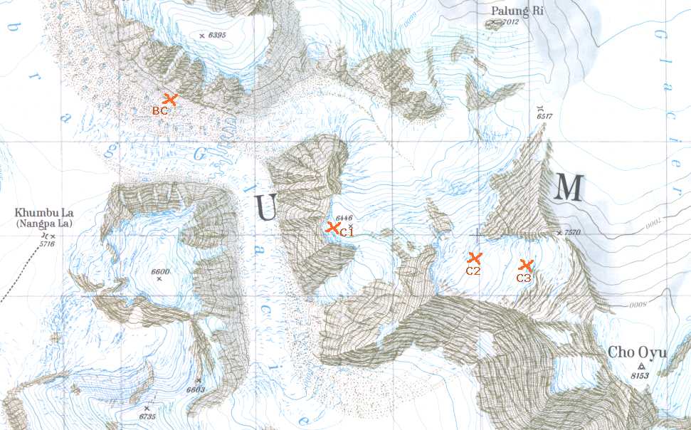 [ChoOyuMap.jpg]
Map of Cho-Oyu with the camps marked. Altitudes are off by about 50m.