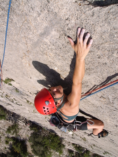 [20061028-121622-JennySlab.jpg]
Trying to reach the too far handhold on the slab of St Julien, above Buis-Les-Baronnies