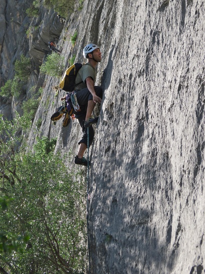 [20121030_112117_LaMiaAfrica.jpg]
Vincent on the 1st pitch of La Mia Africa, a tough slab route at Monte Oddeu.