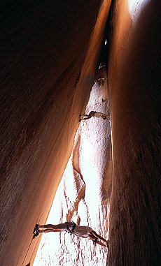 [CaveCrackBodyStem.jpg]
That's me trying some quite unusual moves on Cave Crack (5.11). I don't even know what this move is called, but how often does one do a full body stem ? Kids, don't do that on lead...