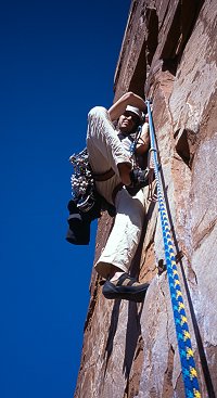 [JahMan_Pitch2.jpg]
Third pitch of Jah Man, 5.10 move with feet on a loose flake.