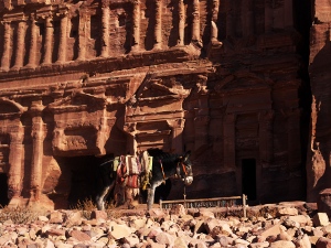 Donkey in front of carved monument