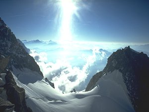 The Peuterey pass on the Italian side of Mt Blanc, seen from the Freney