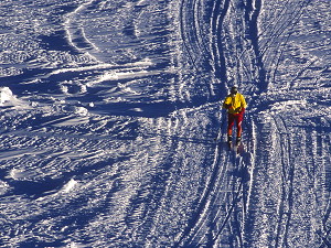 Cross country skiing on the beaten snow of the summer camp