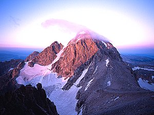 Dawn on Middle Teton seen from the Exum Ridge